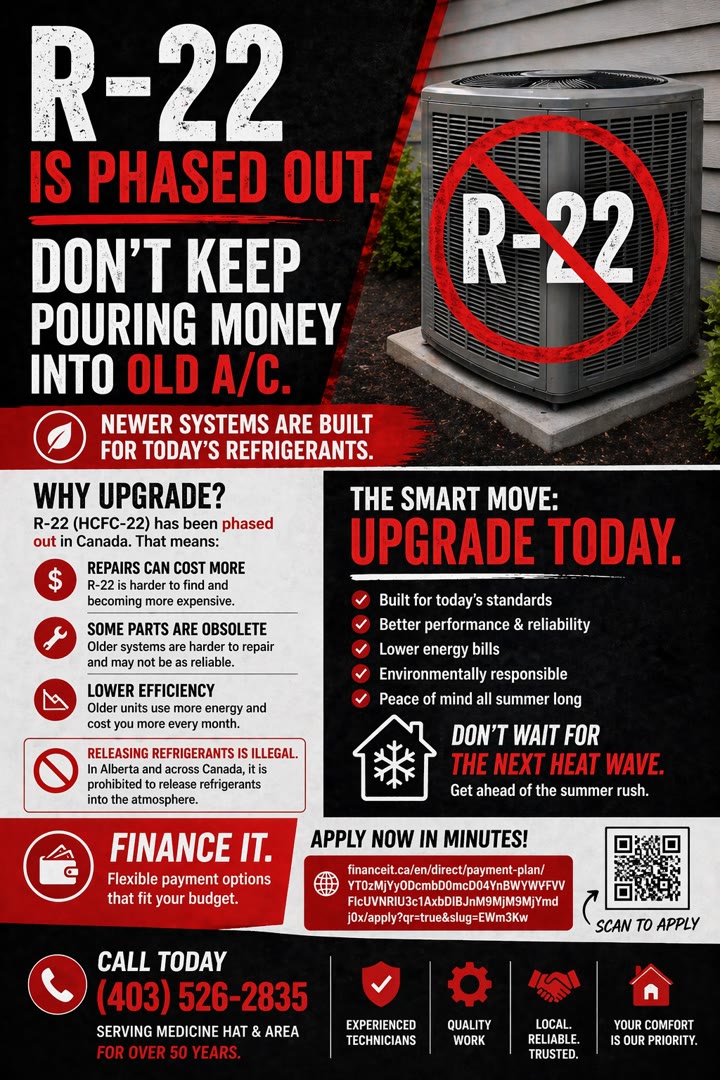 Medicine Hat Refrigeration and Air Conditioning Ltd. ad: R-22 IS PHASED OUT. DON'T KEEP POURING MONEY INTO OLD A/C.